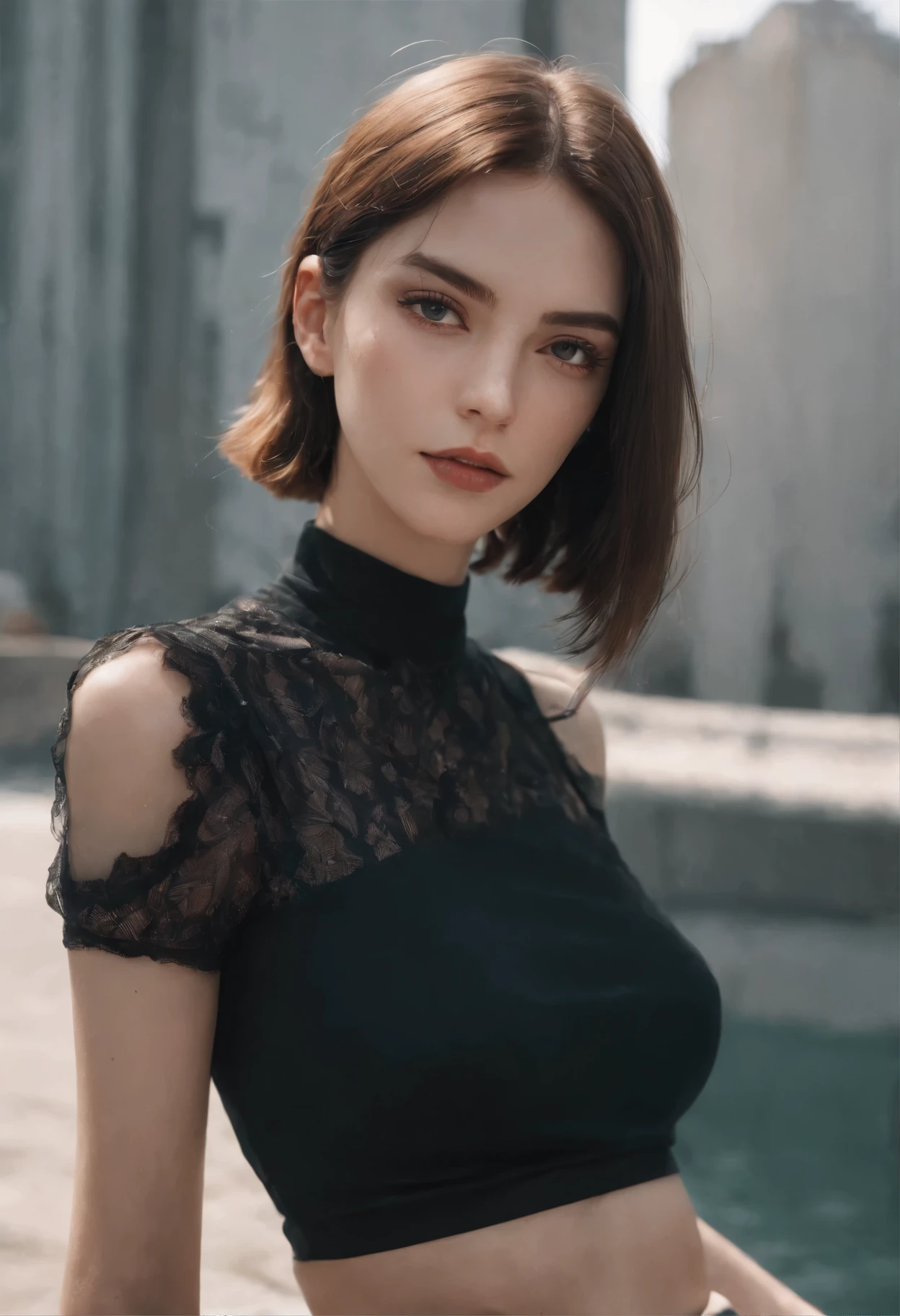 analogue photography, Grain Film, Vintage photo, portra 400, The Flash, Lo-Fi aesthetics:: The woman, She is wearing a black shirt, A pensive look with very short brown hair, light beam, beautiody, Hot, black panties, Sexy, Wet, Lying in the center of the city-tower, The city is created, Amazing light, zoom out.