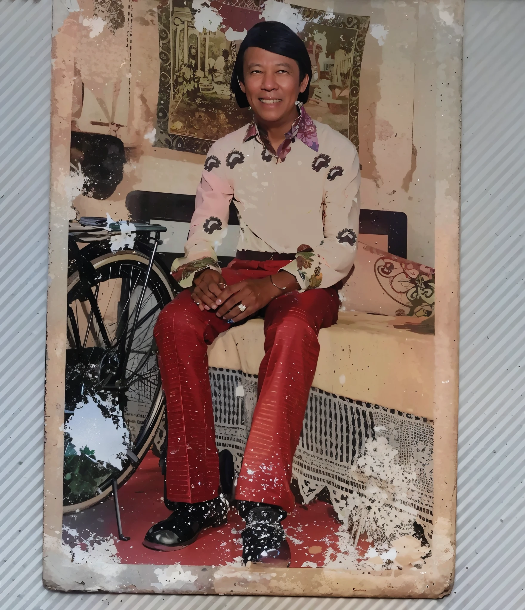 arafed picture of a man sitting on a bench with a bicycle, added detail, old color photograph, inspired by Candido Bido, colored photo, taken in the early 2020s, taken in 2 0 2 0, photo taken in 2 0 2 0, full body photograph, taken in 2022, an album cover