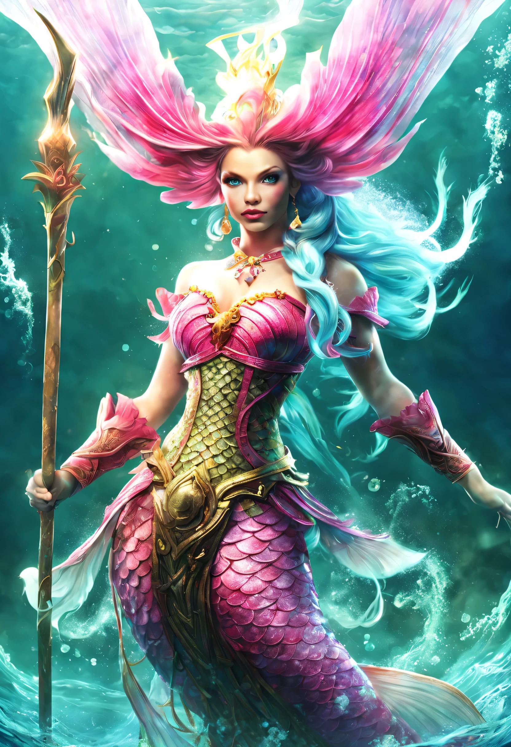 high details, best quality, 16k, [ultra detailed], masterpiece, best quality, (extremely detailed), full body, ultra wide shot, RAW, photorealistic, fantasy art, dnd art, rpg art, realistic art, an ultra wide picture of a mermaid (1.5 intricate details, Masterpiece, best quality) water mage casting ((water control spell)), water wizard ((water magic, intense magic details)), ((controlling a swirling mass of water)), magical symbols GlowingRunes_pink, female mermaid, blue skin, green hair, long hair, swirling hair, intense eyes, small pointed ears, ((blue eyes)), ((glowing eyes)), armed with magical wand, wearing sea shell clothing, beautiful mermaid, underwater background, rich underwater life, ((magical atmosphere)), fish and sea weeds, high details, best quality, highres, ultra wide angle