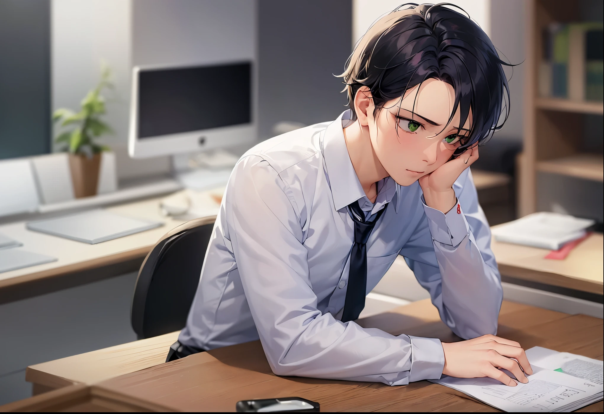 The background is an office、wall、table