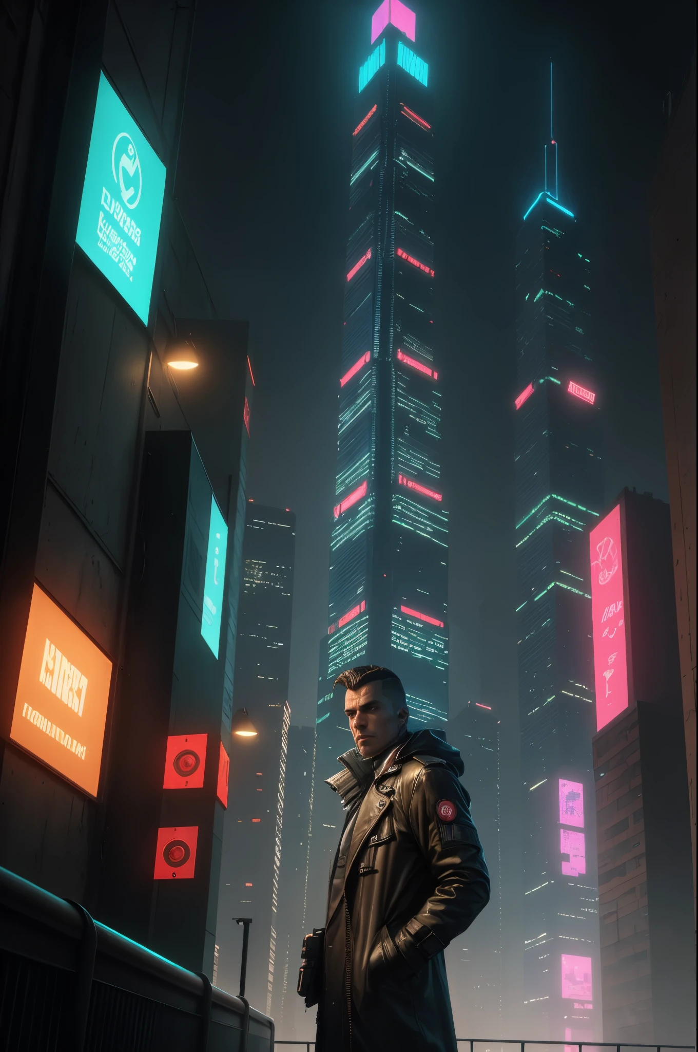 A man, cyberpunk, 45 years old, brown eyes, black hair, shaved on the sides, combed back, unshaven, wearing a dark trench coat with the collars turned up. Hands in his pockets, He is on top of a building watching the skyline at night of the cyberpunk city below in the background. He is leaning against the parapet of a building, Background futuristic cyberpunk make it realistic, Blade Runner, A super technological city with tall buildings, Buildings illuminated with colored lights, fundo escuro,8k, ultra hd