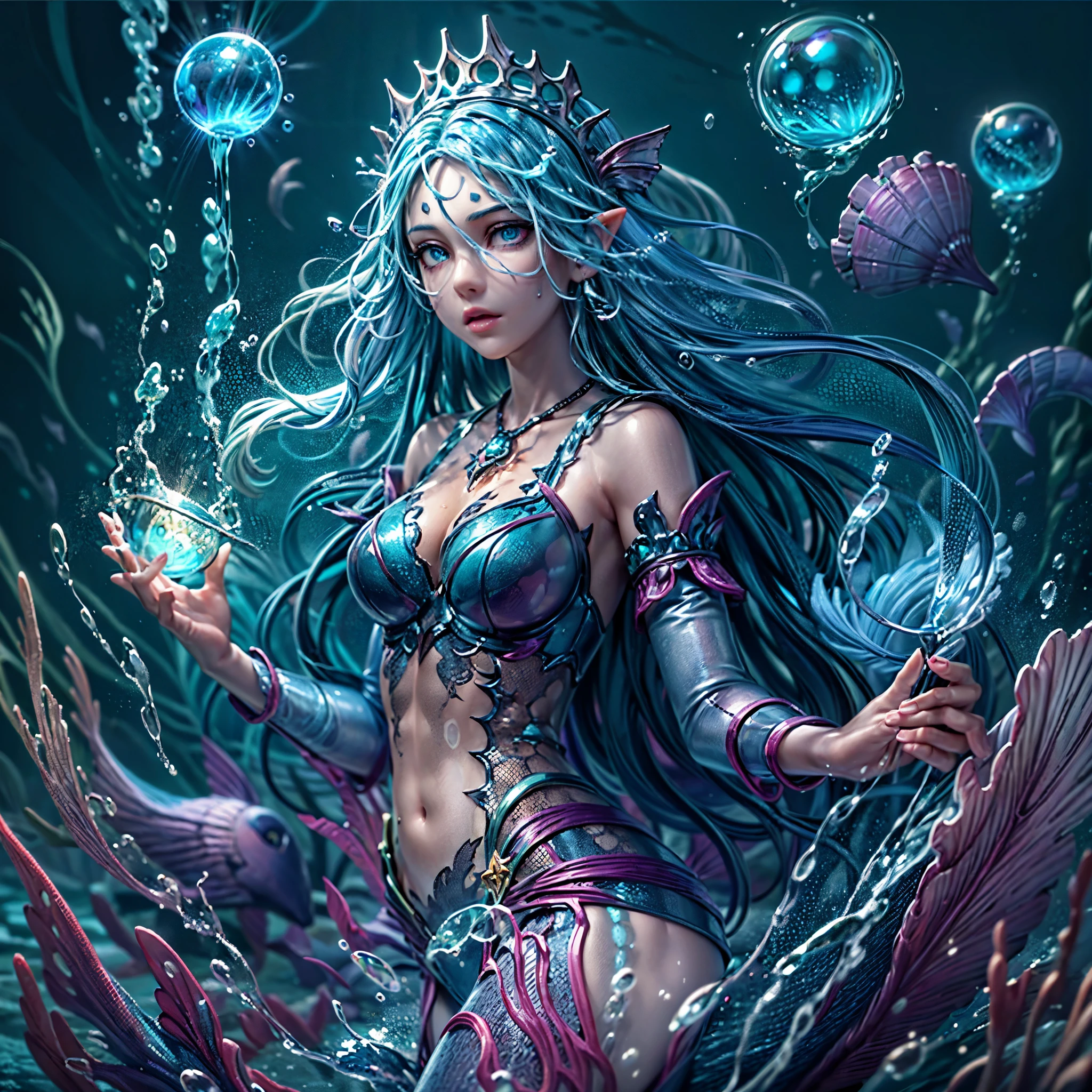 high details, best quality, 16k, [ultra detailed], masterpiece, best quality, (extremely detailed), full body, ultra wide shot, RAW, photorealistic, fantasy art, dnd art, rpg art, realistic art, an ultra wide picture of a mermaid (1.5 intricate details, Masterpiece, best quality) water mage casting ((water control spell)), water wizard ((water magic, intense magic details)), ((controlling a swirling mass of water)), magical symbols GlowingRunes_pink, female mermaid, blue skin, green hair, long hair, swirling hair, intense eyes, small pointed ears, ((blue eyes)), ((glowing eyes)), armed with magical wand, wearing sea shell clothing, beautiful mermaid, underwater background, rich underwater life, ((magical atmosphere)), fish and sea weeds, high details, best quality, highres, ultra wide angle