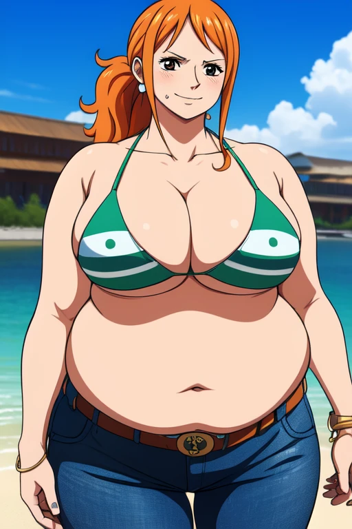 Nami from One Piece, long orange ponytail hair, happy expression, blushing cheeks, ((( massive plump belly))), thick plump thighs, naval , The art style should resemble a captivating anime style. The character is , adult woman, wavy wide streaked bangs, floating bang streaks, (big cheeks), bare shoulders, off-shoulders, belt, bikini, bikini top only, blue sky, bracelet, springy breasts, breast lines, big round eyes, plain big brown shiny eyes, bubbles, high eye position, cleavage, cloud, day, denim, earrings, floating hair, shiny hair, green belt, green bikini, bold groin lines, jeans, jewelry, large breasts, log pose, long hair, looking at viewer, navel, wet hair, orange hair, pants, shoulder tattoo, sidelocks, sky, solo, standing, swimsuit, tattoo , looking at viewer, detailed left arm, small head, wide hair, lustful smile
For the image quality, please prioritize (best quality, 4k, 8k, highres, masterpiece:1.2), ultra-detailed, and (realistic, photorealistic, photo-realistic:1.37) rendering. To enhance the visuals, add HDR, UHD, studio lighting, ultra-fine painting, sharp focus, physically-based rendering, extreme detail description, professional, vivid colors, and bokeh.