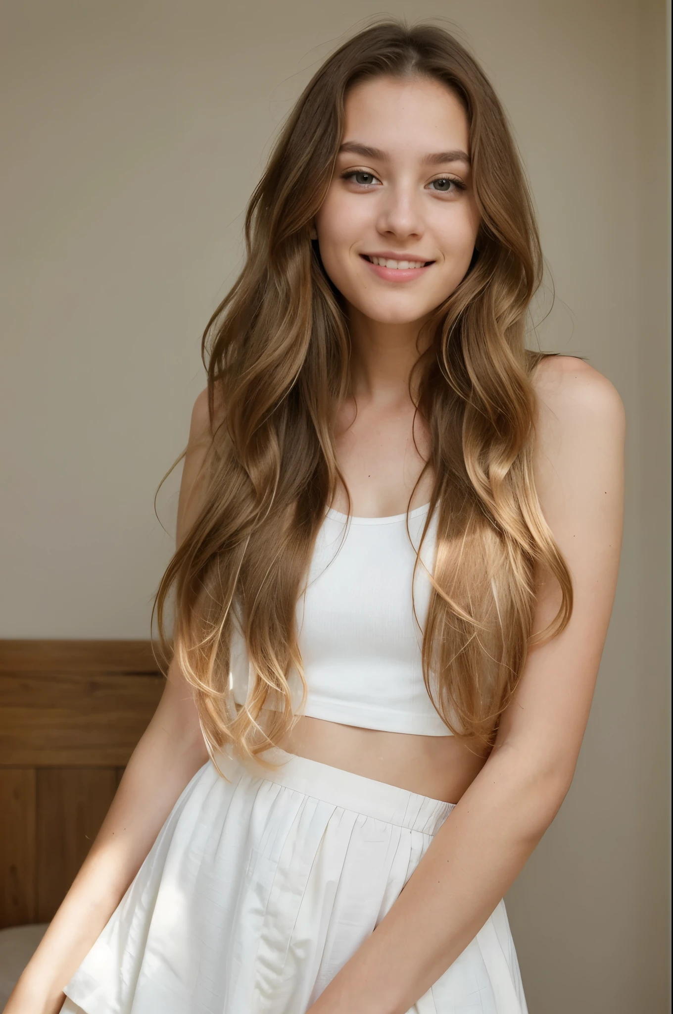 Create a picture of a twenty-year-old girl. ((Have a natural and attractive face)) (Her hair should be blonde with brown stems) (Long hair) (Her eyes are a natural light color) A charming smile on her lips and in a beautiful house with a light background. His face lit up. The girl should not look at the camera. Her image should be fully displayed (girl with light makeup) without retouching and effects. Wear summer clothes. (very high accuracy and image quality)