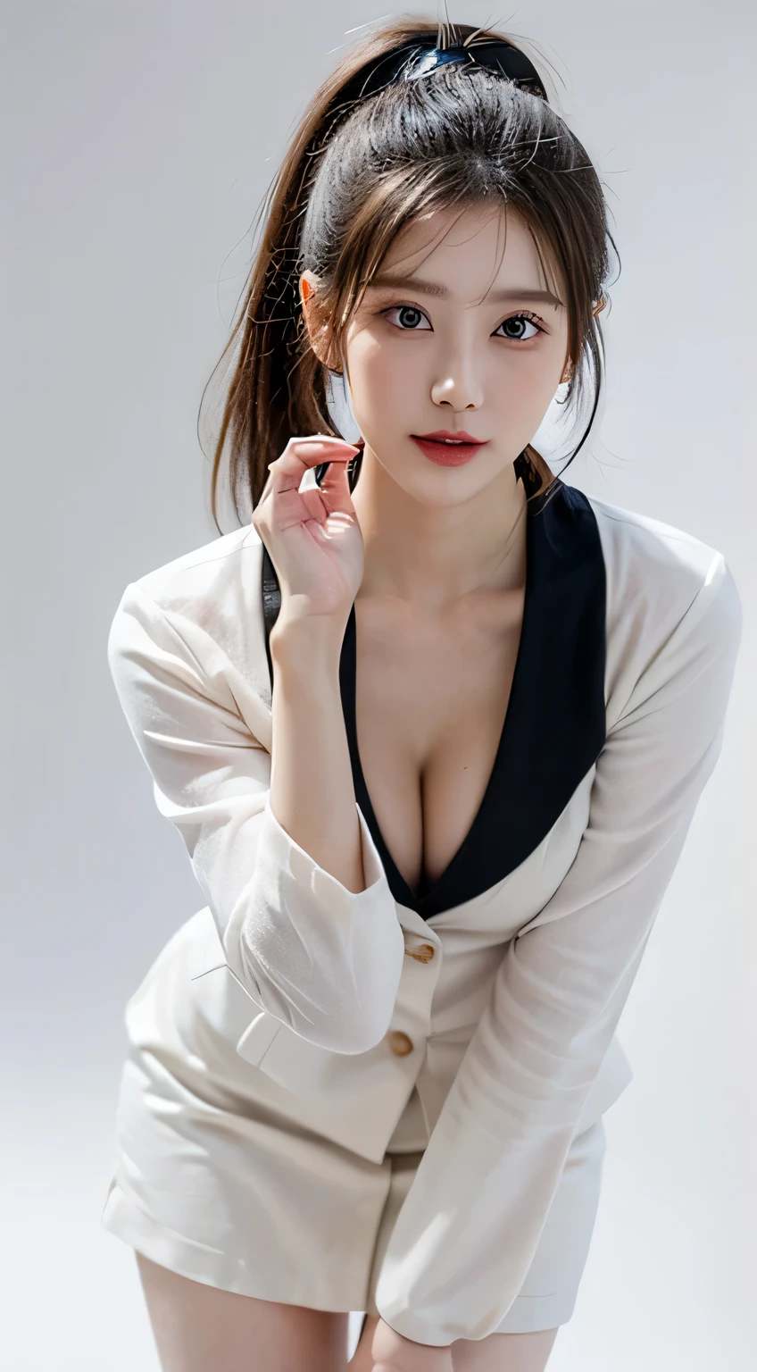 A slender woman, beautiful, amazing face and eyes, cosmetic, red glossy lips, (Extremely detailed beautiful face), (The sexiest look), (white military uniform), (best quality), (super detailed), (Extremely detailed CG unified 8k wallpaper),original photo, Professional photography, (permanent:1.4), (((pure white background))),(Model posing 1.4),((black ponytail)),Photo above the thigh,Show forehead,,(Reveal a little cleavage),The top is tight,((studio lights))