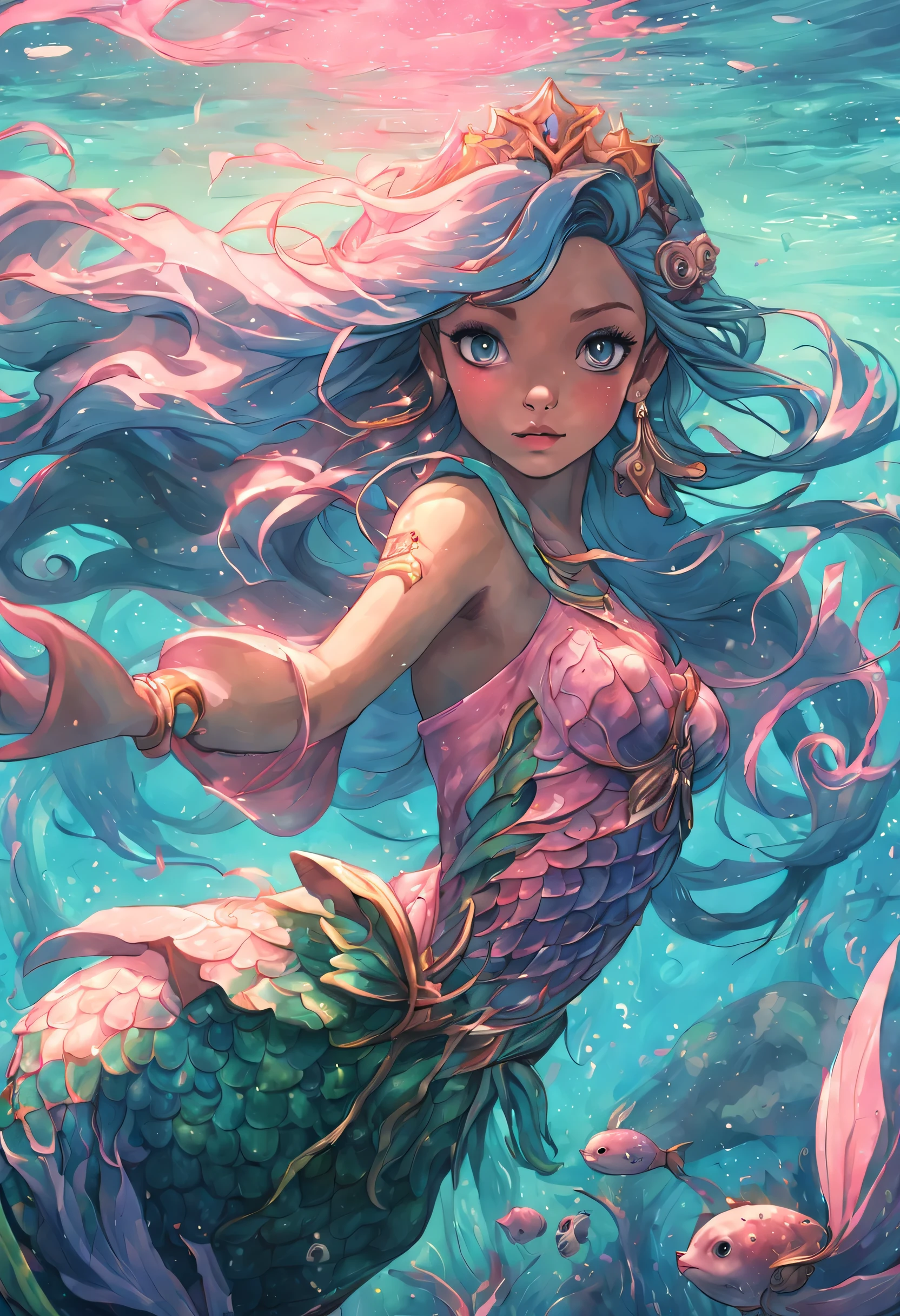 high details, best quality, 16k, [ultra detailed], masterpiece, best quality, (extremely detailed), full body, ultra wide shot, RAW, photorealistic, fantasy art, dnd art, rpg art, realistic art, an ultra wide picture of a mermaid (1.5 intricate details, Masterpiece, best quality) water mage casting ((water control spell)), water wizard ((water magic, intense magic details)), ((controlling a swirling mass of water)), magical symbols GlowingRunes_pink, female mermaid, blue skin, green hair, long hair, swirling hair, intense eyes, small pointed ears, ((blue eyes)), ((glowing eyes)), armed with magical wand, wearing sea shell clothing, beautiful mermaid, underwater background, rich underwater life, ((magical atmosphere)), fish and sea weeds, high details, best quality, highres, ultra wide angle