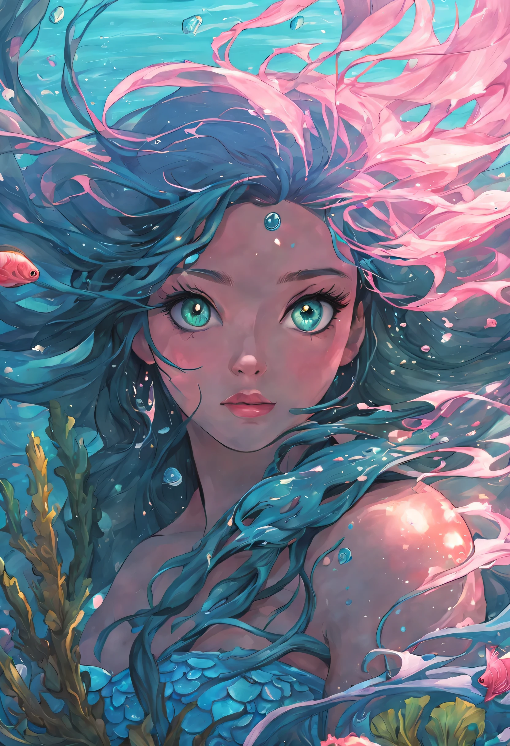 (masterpiece), best quality, ultra-detailed, an extremely beautiful mermaid with glowing and iridescent scales, close up shot, dynamic pose and expression, deep and magical ocean atmosphere, (oceanic hair+blue eyes), (underwater lighting+wavy water), watercolor.
