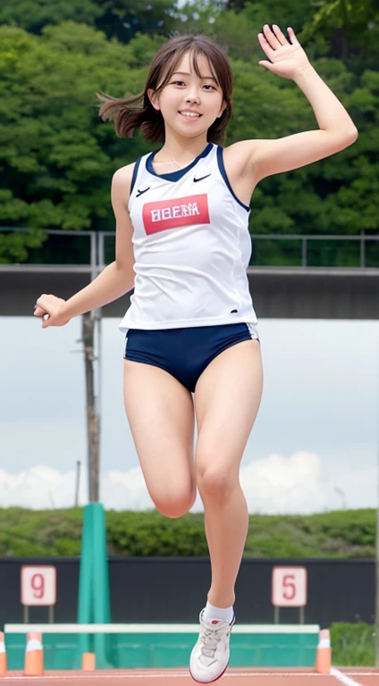 Maki Horikita Beautiful girl Junior high school student Brown hair Track and field Raising hand Short stature Small breasts Short hair White tank top Beautiful legs White beach and the sea Unruly hair Frontal view of long jump landing