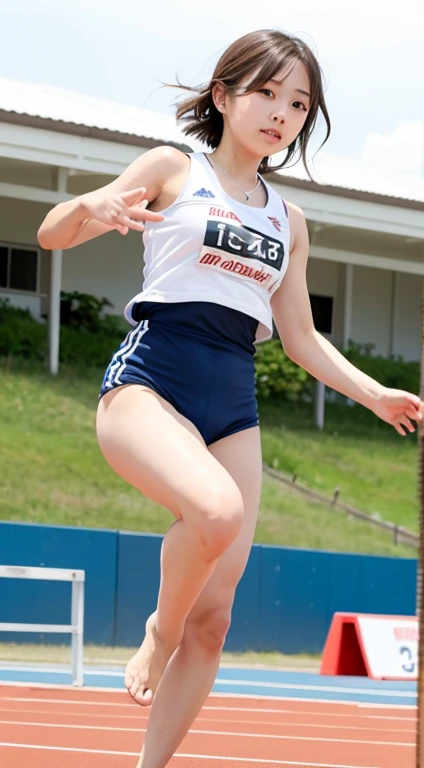 Maki Horikita Beautiful girl Junior high school student Brown hair Track and field Raising hand Short stature Small breasts Short hair White tank top Beautiful legs White beach and the sea Unruly hair Frontal view of long jump landing