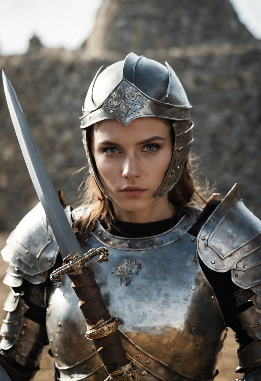 beautiful girl in heavy armor, fine face, Holds a great sword, In battle, 