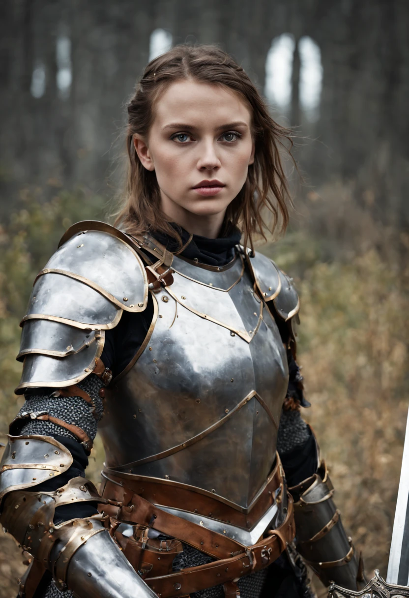 beautiful girl in heavy armor, fine face, Holds a great sword, In battle, 