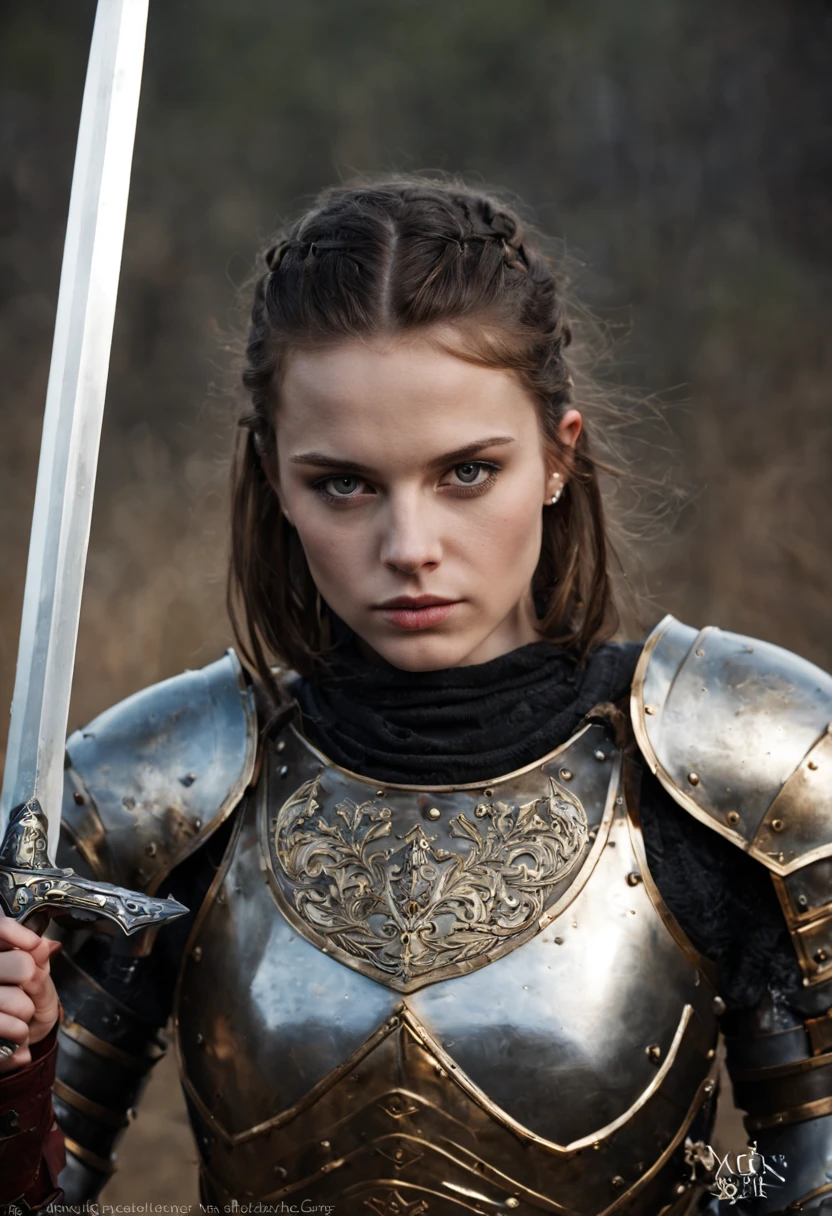 beautiful girl in heavy armor, fine face, Holds a great sword, In battle, Dragon Knight, black armor with gold,Burning eyes