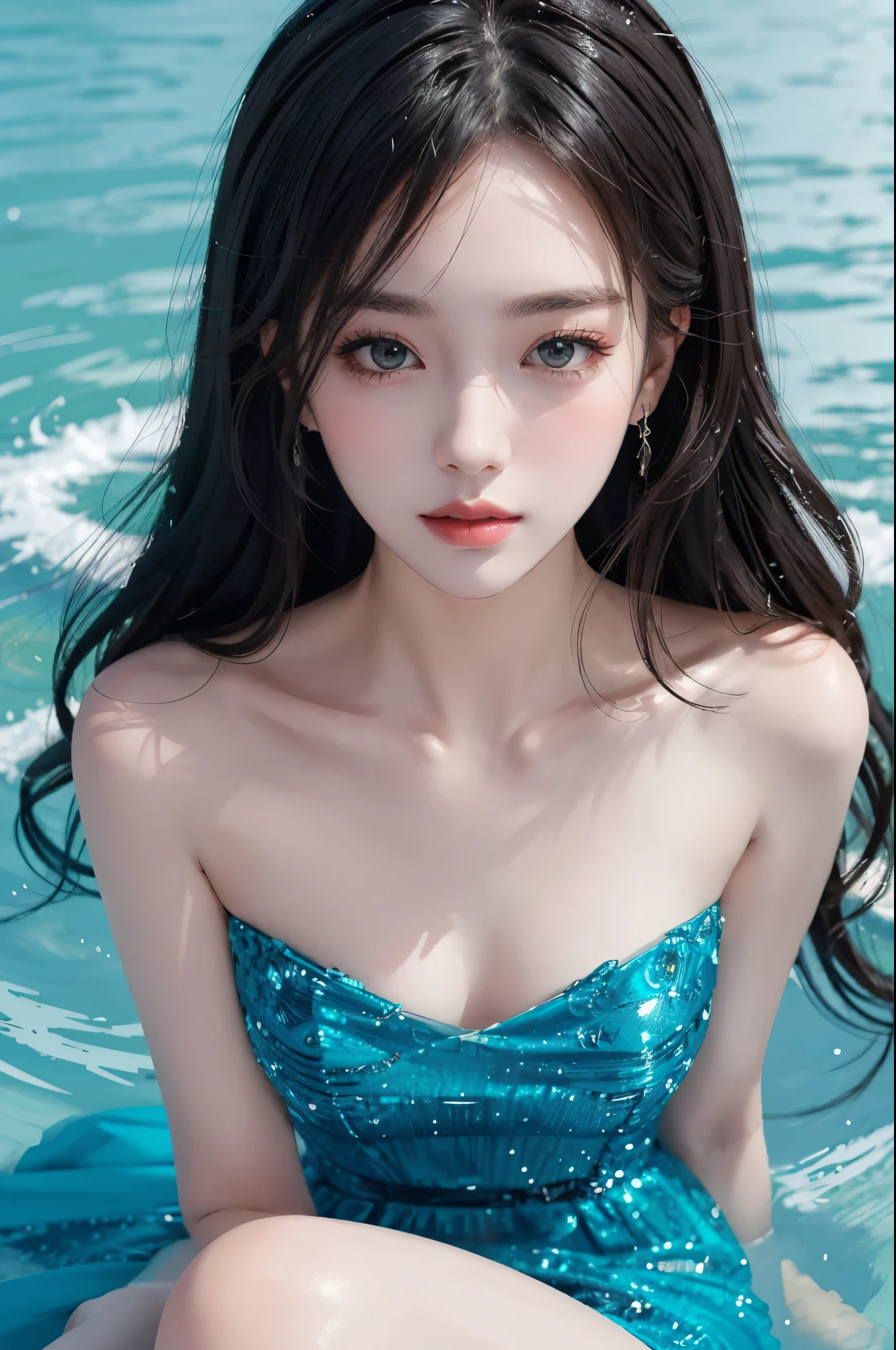 Special clothes46,strapless dress,  (knee shot) best quality，masterpiece，ultra high resolution，Clear face,（Realism：1.4），RAW photos，cold light，woman wearing transparent dress underwater，wallpaper anime blue water，Gurwitz-style artwork，Close-up fantasy of water magic，author：Yang Jie，Gurwitz，A beautiful artistic illustration，Water Nymphs，Beautiful digital artwork，Beautiful digital illustration，Li Song，A beautiful anime portrait，Bovo&#39;s art style