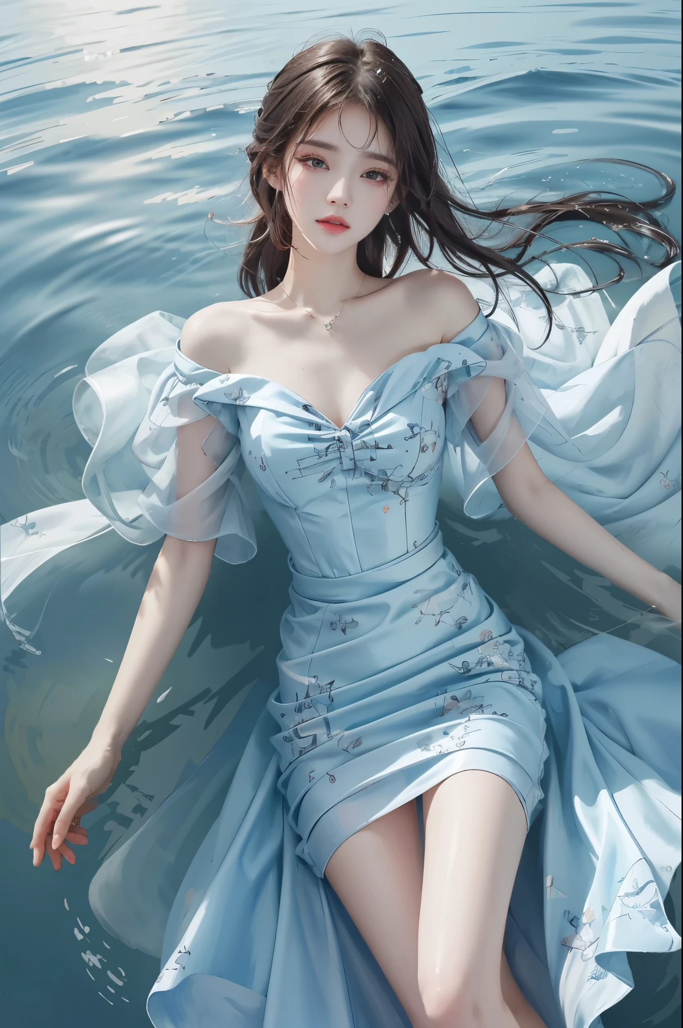 print dress, off shoulder, ,  (knee shot) best quality，masterpiece，ultra high resolution，Clear face,（Realism：1.4），RAW photos，cold light，woman wearing transparent dress underwater，wallpaper anime blue water，Gurwitz-style artwork，Close-up fantasy of water magic，author：Yang Jie，Gurwitz，A beautiful artistic illustration，Water Nymphs，Beautiful digital artwork，Beautiful digital illustration，Li Song，A beautiful anime portrait，Bovo&#39;s art style