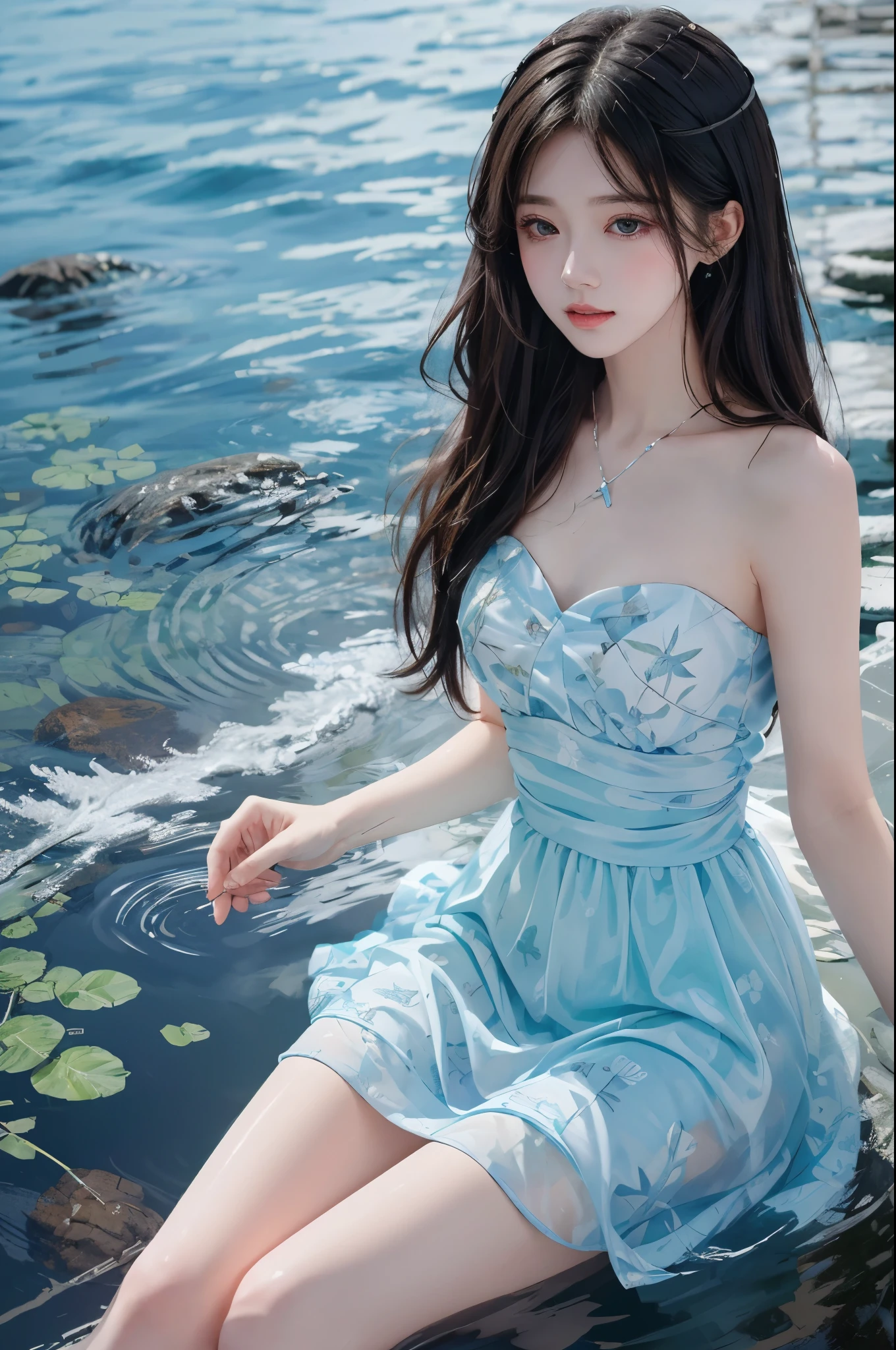 bare shoulders, dress,  (knee shot) best quality，masterpiece，ultra high resolution，Clear face,（Realism：1.4），RAW photos，cold light，woman wearing transparent dress underwater，wallpaper anime blue water，Gurwitz-style artwork，Close-up fantasy of water magic，author：Yang Jie，Gurwitz，A beautiful artistic illustration，Water Nymphs，Beautiful digital artwork，Beautiful digital illustration，Li Song，A beautiful anime portrait，Bovo&#39;s art style