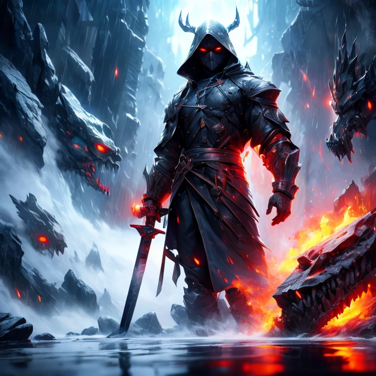 highest quality,4K,8K,High resolution,masterpiece，epic，movie，real，Magic Effects，Battle inside the iceberg，Uplifting，Sense of presence，battle with monsters，attack from mouth，powerful action，intensity of the battle，dangerous atmosphere，confront，sense of scale，force，impact，sound，blizzard，reflection of heat and light，effect，Creepy，That&#39;s horrible，fear，completely changed，Different dimension，sense of presence，strange appearance，cold，wicked，deep frozen eyes，coercion，darkness，corruption，disillusioned，cold-hearted，enemy，Shadow，red eyes，Japanese sword，Different world，despair