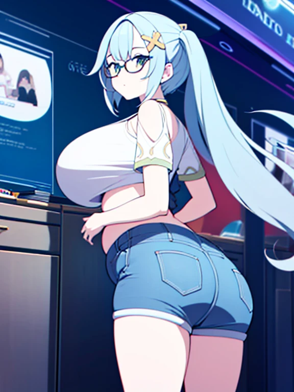 (Very high quality, detailed, masterpiece, from behind) An image of a full body pregnant girl with a round belly, long hair, very big breasts and a bubble butt. She's standing barefoot with her hands on her belly and leaning back. She's wearing a crop top, very thight shorts and glasses.