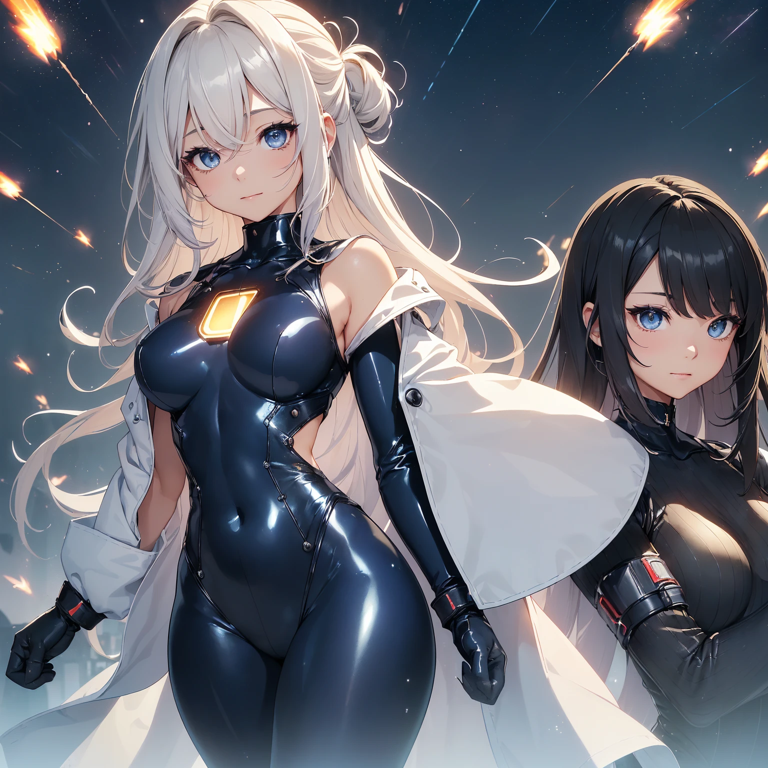 BREAK、(look at the audience、(若いcute美しい18歳の女の子:1.1)、Japanese faces、small face、3d face、beautiful girl、beautiful face、cute、Girlface、Kpop idol、Supermodel、Stunning innocent symmetrical face、perfect body、thin slim waist、make your legs thinner、(high detail skin:1.2)、shining eyes、goddess、natural skin texture、shiny skin、white skin、美しいdetailed face、detailed face、real skin texture、cute繊細な顔、detailed face、golden ratio、golden ratio率顔、gentle smile、soft expression、Expressive Ace Perfect、perfect skin、clear face、shiny hair、natural makeup、beautiful bright pupils、eyes are blue:1.3、Slender body shape、complicated eyes、long eyelashes、blush、good hand、perfect hands、clean face、Fine-grained skin、油性のshiny skin、(((((navy blue and black tight bodysuit、tight fitting clothes、clothes that cover the whole body、clothes that hide skin、gentle smile、Knee-high boots、(gloves up to the elbow:1.8)、(Clothes that hide the thighs:1.8)、(clothes that hide the legs:1.8)、exoskeleton、Science fiction、dark blue hair、high knot ponytail、very long hair、(human body as a whole:2)、(lightning discharge lightning effects:1.2)、(Electrocution:1.3)、Hold the gun、battle、(electric sparks、spark of light、Flying bullets、Dodge bulletuildings hit by missileuture technology drones hit laser weapons:1.3)、adventurous look、starry sky、colorful refraction、ワームホールのような幻想的なWind景の世界、cyber punk、Manufacturing of metal textures、neon light、(night time:1.4)、Wind、rembrandt lighting、space warp、A gathering fog、Pixel art、game art、Key Visual、Surreal、PBR texturing、Anisotropic filter for maximum clarity and sharpness、Albedo and specular maps、multilayer texture、surface shading、subpixel convolution、Accurate simulation of light-material interactions))))、(Pure Eros Face_v1:0.5)、(Ulsan-6500:0.5)、(ticker:0.6)、Facing the viewer、dynamic angle、dynamic action、dynamic action、(dynamic pose:1.2)、Kick Pose、Hit Action Pose、hit,prepare a sword,riding on motorcycle,head tilt,Legs in your own embrace,Sit leaning against the wall))、(Time Machine、Computer、skyscraper gun、weapons of the future、(Backpack:1.1)、Real World、Plankton rattle field、volumetric fog、gray fog、cigarette、 explosion、apocalyptic、destroyed city background、burning building:1.3、splash of water、starry ski、huge moon、Earth、destroyed giant robot、radio tower、airplane flying overhead、shooting star rocket truck、broken car、derailed train、tank、giant weapon、electronic equipment、Luminous mechanism)