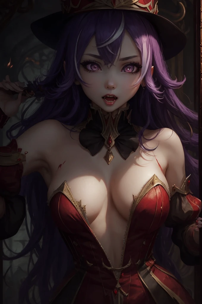 Vampire Girl , Masterpiece, ,(独奏:1.1), a perfect face, (vivid lighting:1.2),beautiful detail eyes, extremely detailed face, perfect  lighting,Masterpiece, Best Quality, 1girl, pale skin, hairlong, 20years old , red eyes, fangs, A glass of blood in his hand, Complex hairstyle, vampire fangs, open mouth, sharp teeth, vampire fangs, in full height , seductive position