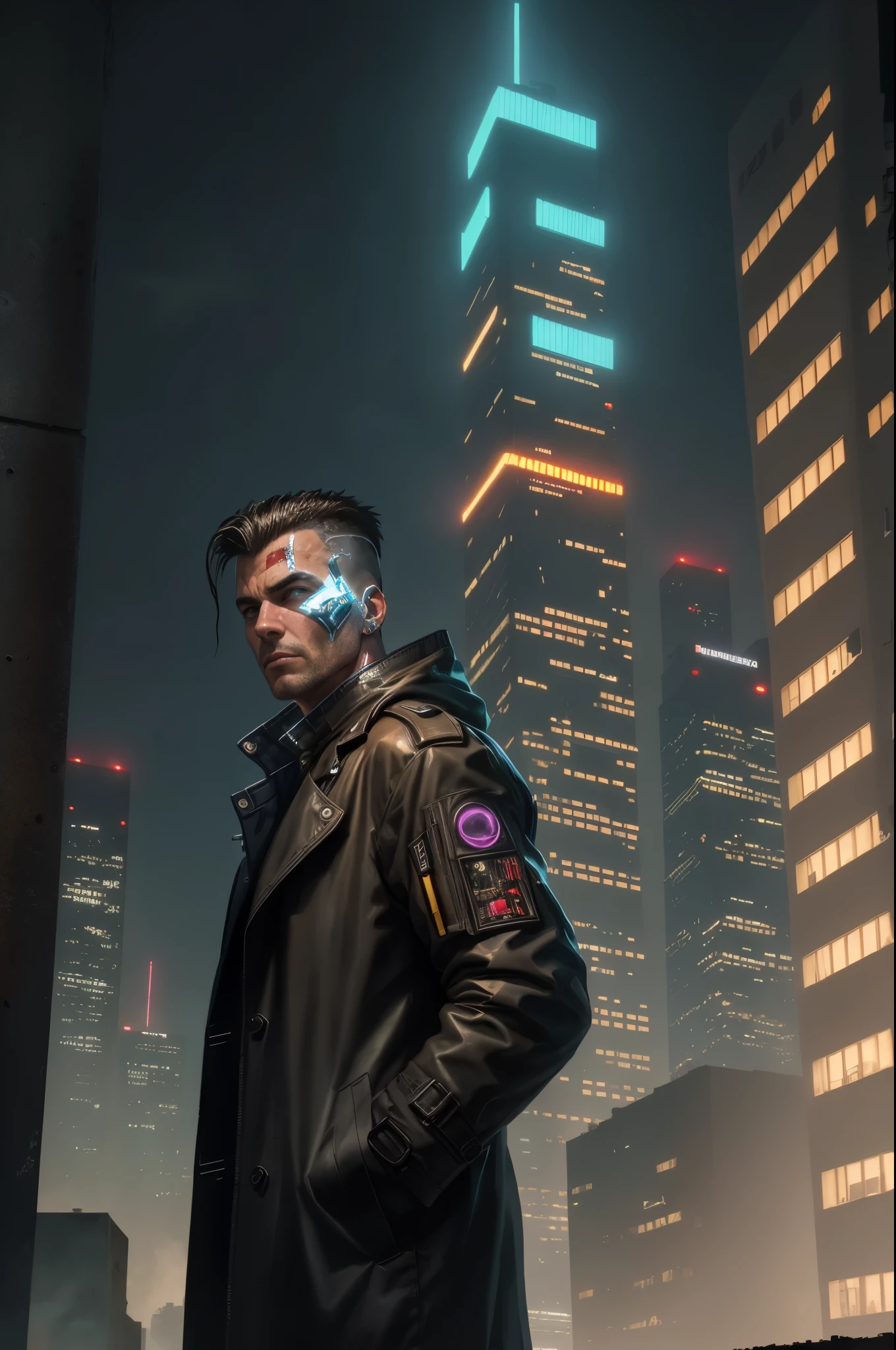 A man, cyberpunk, 45 years old, brown eyes, black hair, shaved on the sides, combed back, unshaven, wearing a dark trench coat with the collars turned up. Hands in his pockets, He is on top of a building watching the skyline at night of the cyberpunk city below in the background. He is leaning against the parapet of a building, Background futuristic cyberpunk make it realistic, Blade Runner, A super technological city with tall buildings, Buildings illuminated with colored lights, fundo escuro,8k, ultra hd