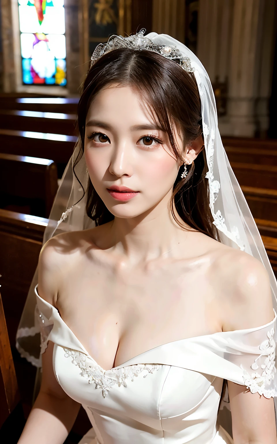 (Best quality, 8k, 32k, Masterpiece, UHD:1.2),Photo of Pretty Japanese woman,1girl,(medium-short dark brown hair),double eyelid,(large breasts:1.2),sexy,((in the church)),((wedding dress, wedding veil),off shoulder,(deep slit:1.2),(sidemile:1.1),overhead shot
