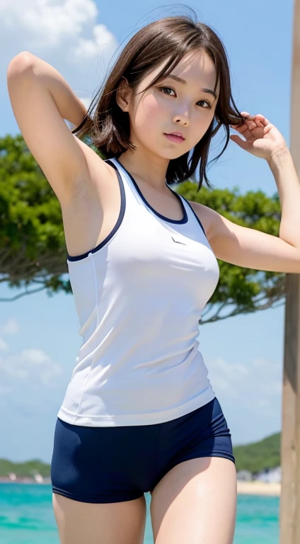 Maki Horikita Beautiful girl Cold expression Shocked expression  Brown hair Athletics Raise hand Short stature Small breasts Short hair White tank top Beautiful legs White beach and sea Disheveled hair Strong wind