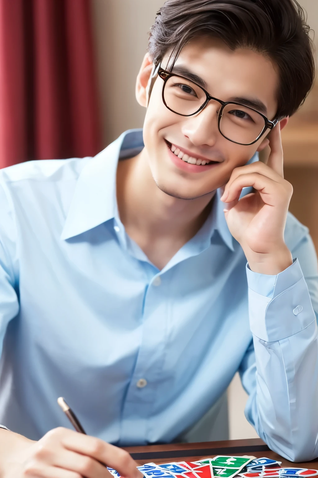 Super high quality,realistic,masterpiece,Engineers,male,good looking,Sense of cleanliness,cheerful,Intellectual,Intellectual,elegant white button down shirt,playing card games around the table,gentle smile