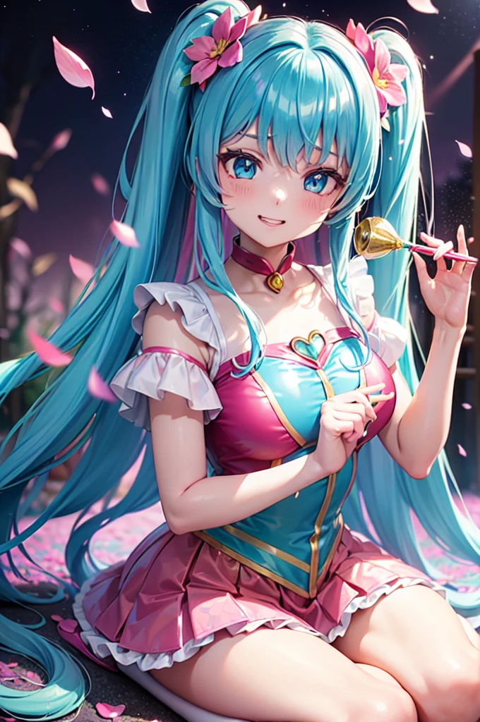 (multicoloured latex magical girl costume in the pink forest)、dynamic pose、very long twintails、((Golden decoration))、((floral decoration))、((馬車))、light Blue hair、Blue eyes、((floating flower petals、Glitter、Bokeh))、smile、Sit up、Strawberry