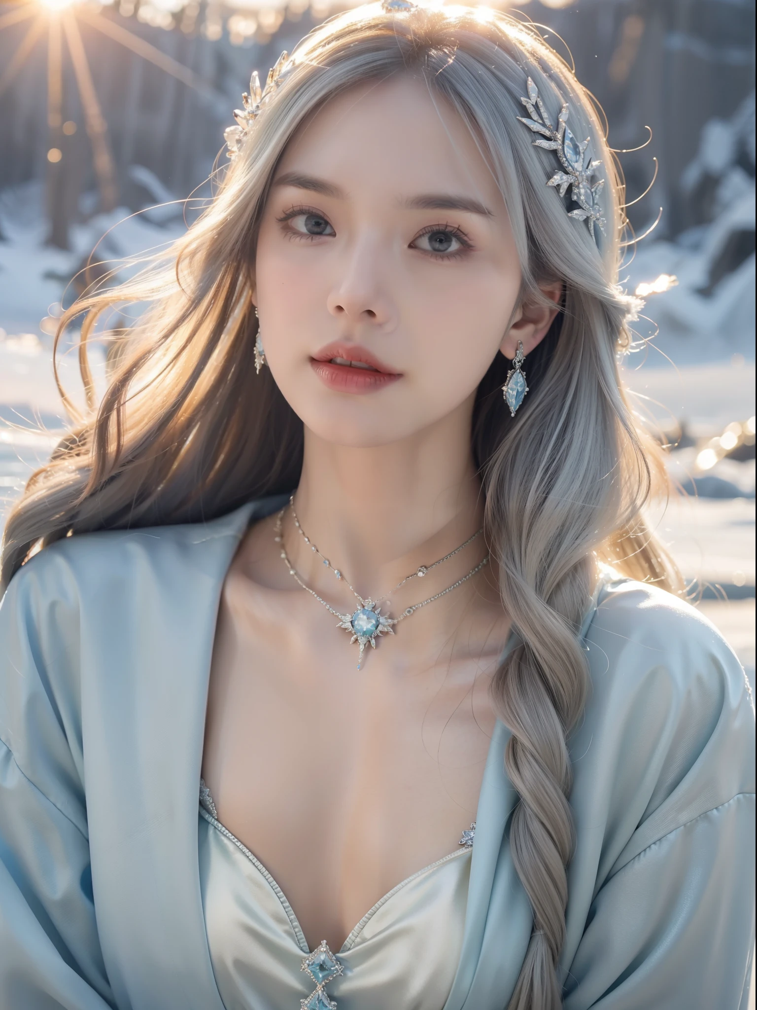 `Ice Queen in a kingdom with the sun as the background, High definition, Rich in details`