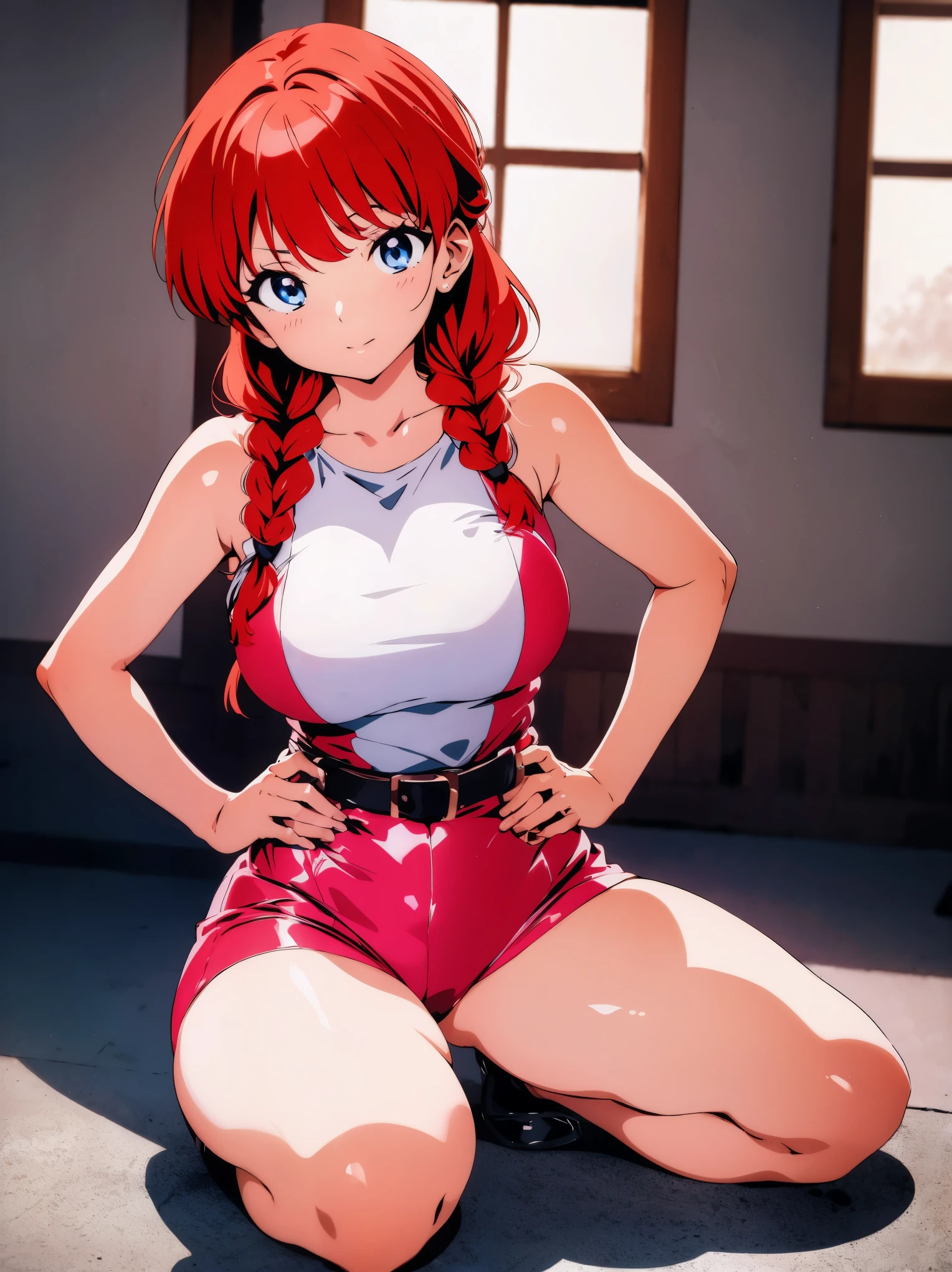 Redhead anime girl wearing pink latex top and black leather pants, 16 anos, corpo bonito, seios grandes, kneeling on the floor with hands on waist, hands on hip, agachada, red hair with braid, beautiful lighting, susve sombras, olhos azuis, pernas bonitas, hair with braid, estilo anime, Ranma Chan, Autora Rumiko Takahashi, Baseado em obra de Rumiko Takahashi, Anime Ranma 1/2, seios grandes, decote sexy, quadril robusto, corpo inteiro, corpo inteiro, Seios lindos, garota jovem com corpo belo e bonito, sombreamento suave