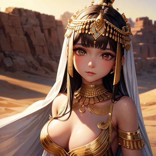 Cleopatra's clothes、There are many areas where the skin is exposed、Erotic、cute、hairstyle short、skin color is light brown、Desert background