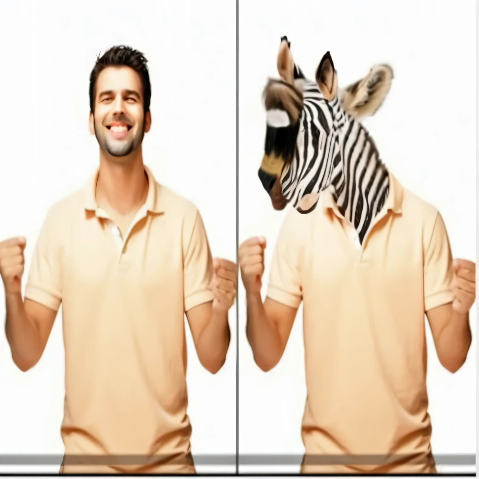 Zebra head araf and smiling man, guy with horse head, man turning into pony, no stipe, 2 animals, It's so much fun, funny picture, identical picture, Edited, The funniest meme of all time, funny photo, viral image, viral photos, looks different, hybrid animal, Very lewd, animal style head