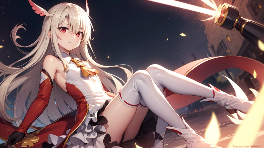 Illyasviel von Einzbern, blonde hair, hair between eyes, long hair, (red eyes:1.5),cool girl boots, Detached sleeves, yellow gloves,dress,(beautiful and delicate eyes),lightsabers,fortune god,The Immortal Title of Fortune,There is a time circle in the background,time domain