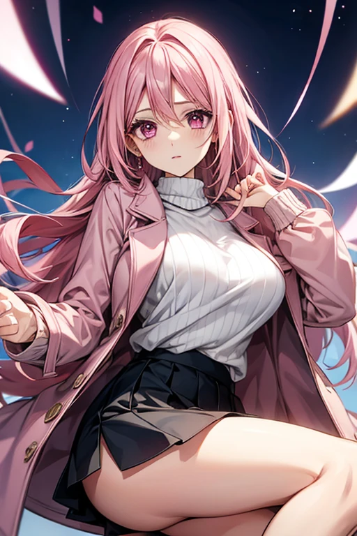 pink hair、pink eyes、big breasts、No underwear、mini skirt、V-neck knit sweater、date、P coat