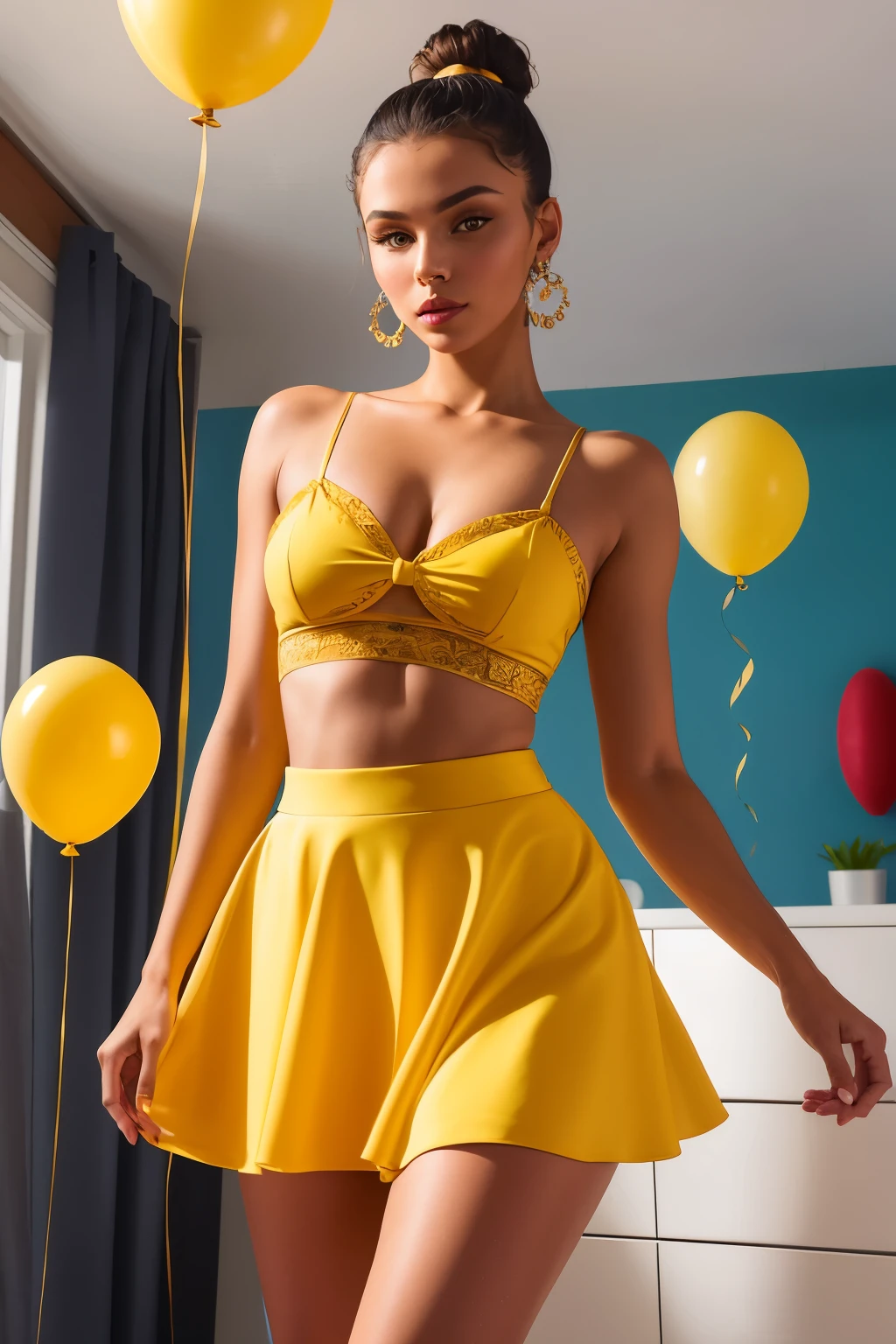 Photo of a beautiful Ukrainian model, light skin, with dark hair in a bun, (Portrait), (Detailed face:1.2), (detailed facial features), (finely detailed skin), wearing a provocative yellow dress, in a white room setting, (Mini skirt), (High heels), holding balloons of various colors: yellow, blue, red, orange. The atmosphere is aesthetic and exclusive, with meticulous HD lighting that accentuates every curve and detail. Captured in a high-end camera, Canon EOS R6, 35mm Lens, F/1.4, with cinematic and soft-box lighting, resulting in an exquisitely detailed