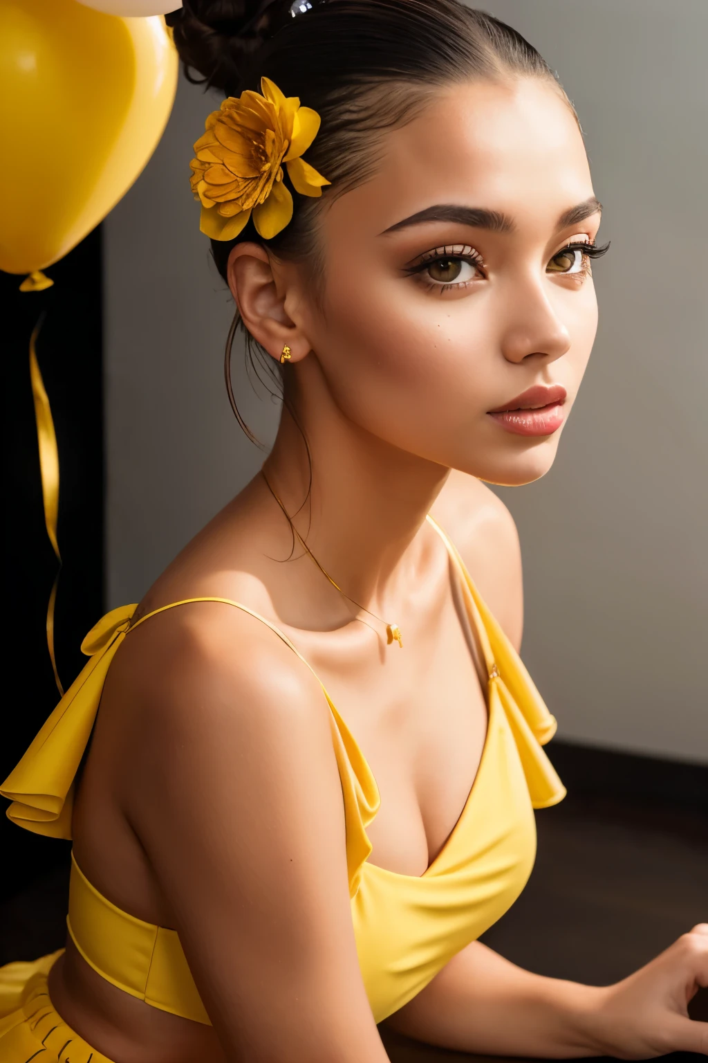 Photo of a beautiful Ukrainian model, light skin, with dark hair in a bun, (Portrait), (Detailed face:1.2), (detailed facial features), (finely detailed skin), wearing a provocative yellow dress, in a white room setting, (Mini skirt), (High heels), holding balloons of various colors: yellow, blue, red, orange. The atmosphere is aesthetic and exclusive, with meticulous HD lighting that accentuates every curve and detail. Captured in a high-end camera, Canon EOS R6, 35mm Lens, F/1.4, with cinematic and soft-box lighting, resulting in an exquisitely detailed