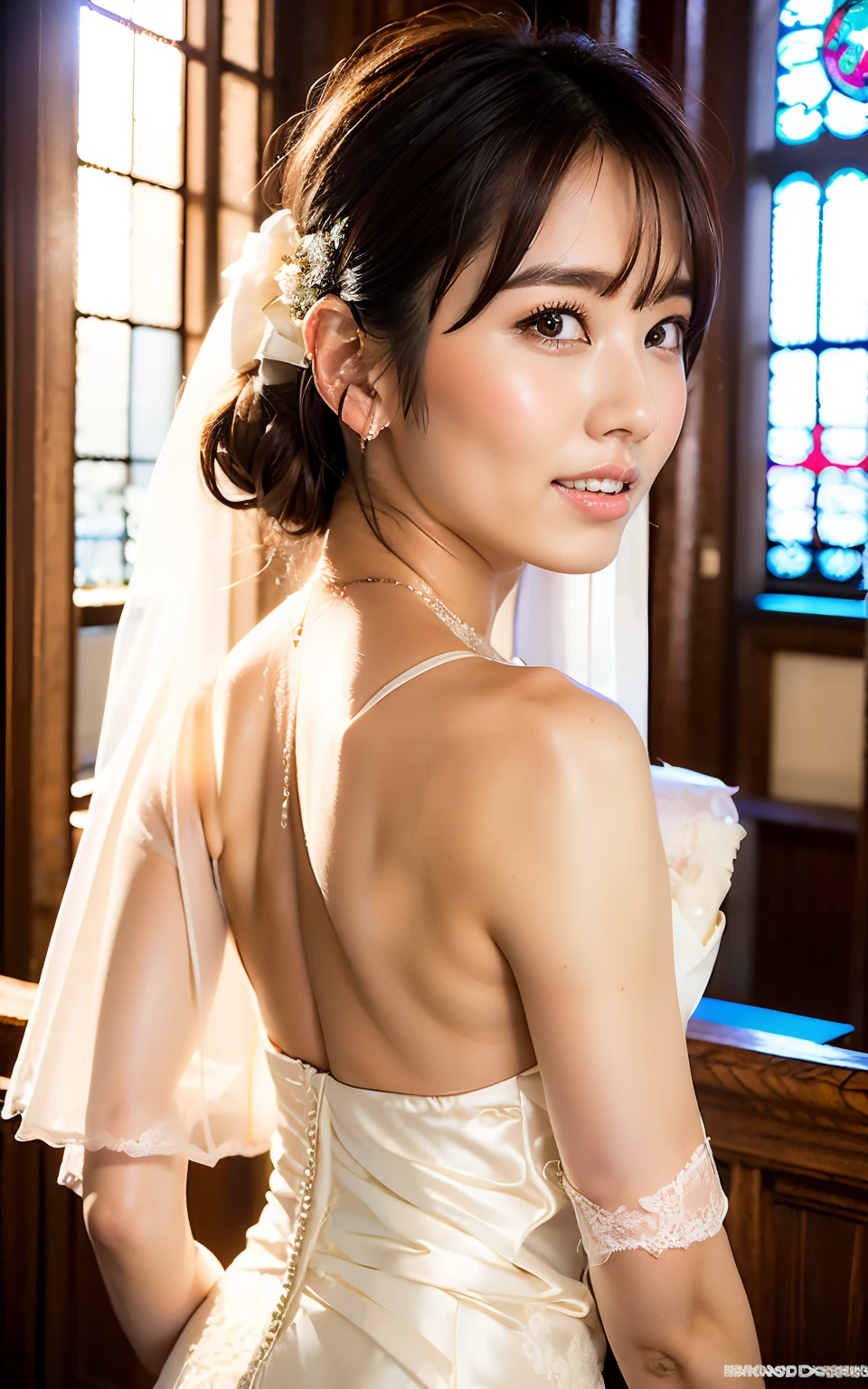 (Best quality, 8k, 32k, Masterpiece, UHD:1.2),Photo of Pretty Japanese woman,1girl,(medium-short dark brown hair),double eyelid,(large breasts:1.2),sexy,((in the church)),((wedding dress, wedding veil),off shoulder,(deep slit:1.2),(sidemile:1.1),overhead shot