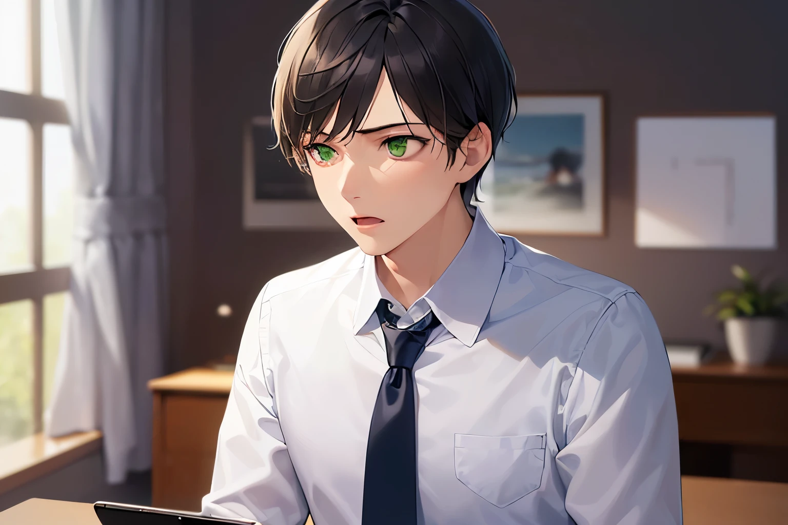 dutch angle, (looking away:1.5), masterpiece、high quality、(25-year-old man with short black hair and green eyes:1.5)、Wearing a white Y-shirt、Wearing a dark blue tie、(Alone:1.5)、(Expressionless:1.1)、open mouth, sitting、The background is an office、computer