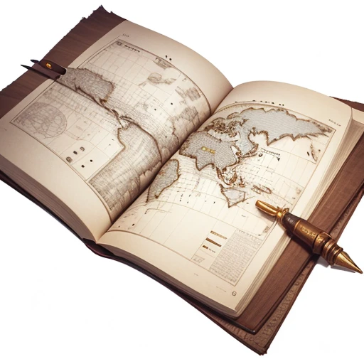 {an unfolded papyrus map, an open paper map, [a monster map], a map with markers:1.5}, MagicItem_v1, (white background)