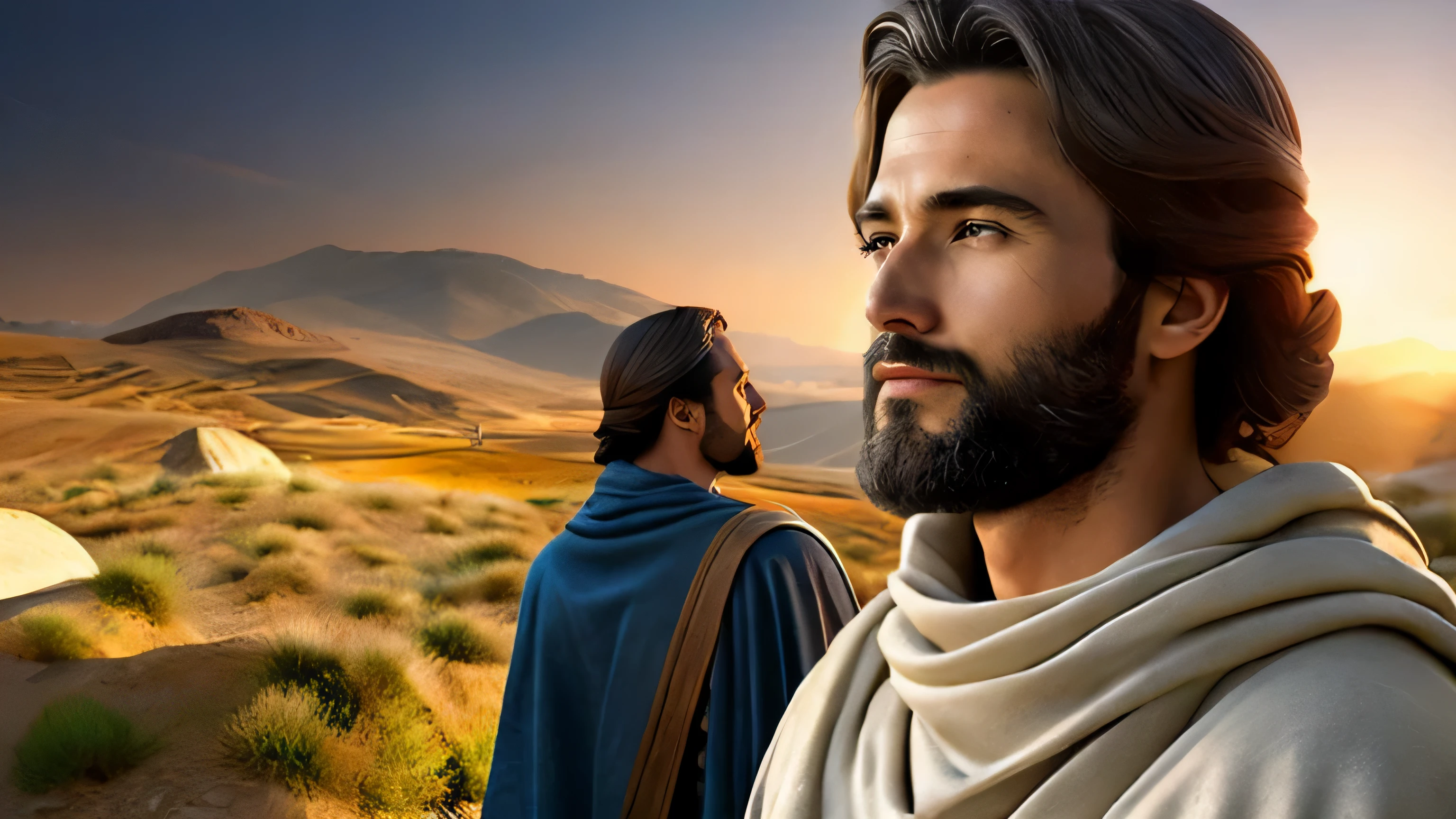 Ancient Israel、Biblical times、1st century、close、(((Short-haired Christ speaks to a woman)))、(((wilderness)))、8K、Live shooting、highest quality、masterpiece:1.5、ultra-lightweighthigh-resolution、photogenuineistic:1.5、cinematic light、soft volume lighting:1.5、genuine、photogenuineistic:1、be familiar withな皮膚、professional lighting、photograph、sharp focus、be familiar with、professional lighting、photon mapping、be familiar withで複雑な環境、非常にbe familiar with、highest quality、美術的なphotograph、photogenuineisticなコンセプトアート、Cinematic perfect light with soft natural volume、mid journey、be familiar withな手、