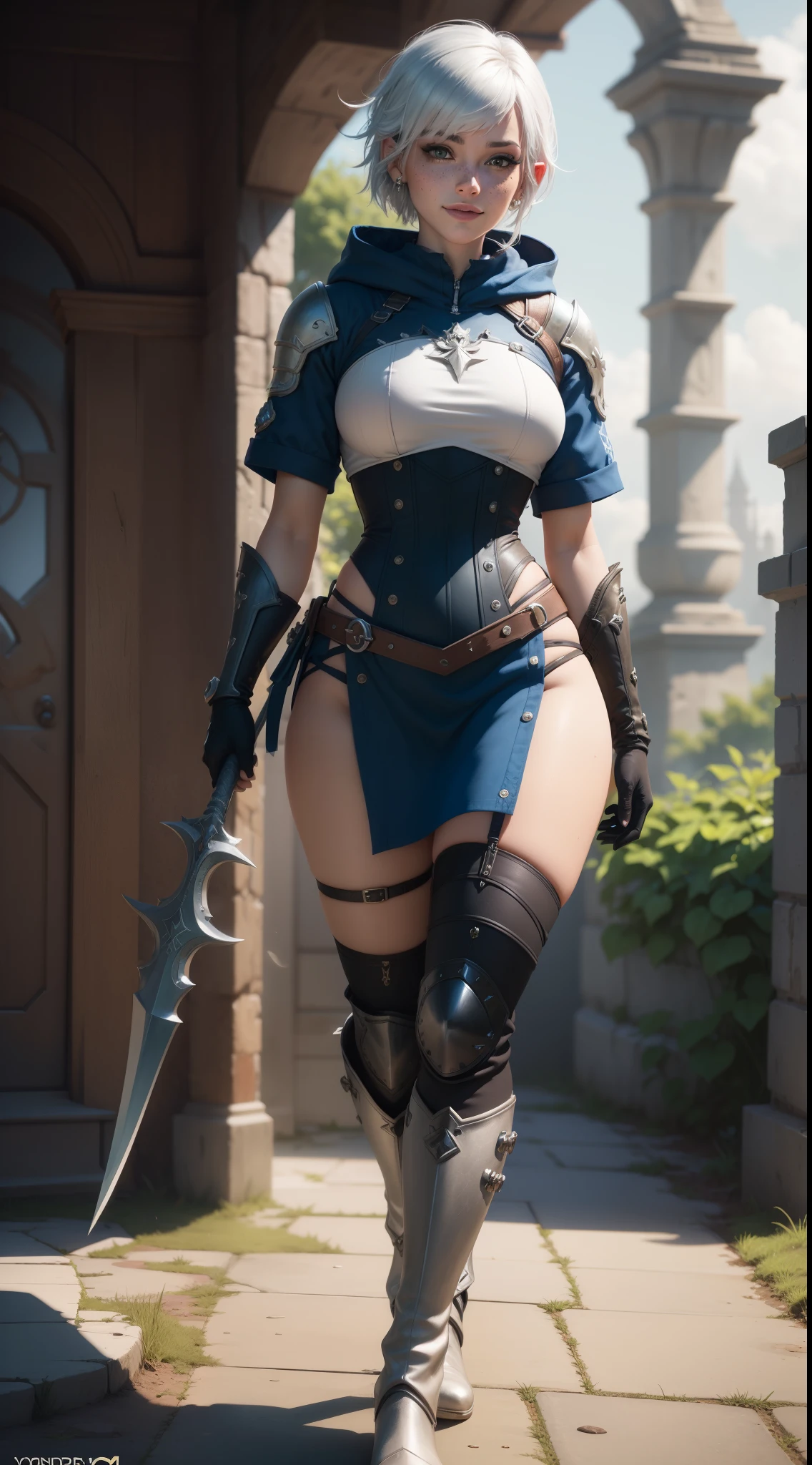 gwen tennyson,yorha 2b,tracer,y'shtola rhul,overwatch,warcraft,close up,gondor,minas tirith,tattoos,white and royal blue plugsuit,steel short sleeve gondor knight top,silver gondor knight hoodie,steel gondor armor,long gondor knight skirt,steel gondorian corset,short hair,punk makeup,green eyes,multicolored silver hair,steel gloves,sexy smile,freckles,beautiful girl,knee high steel boots,large breasts,8k,ultra detailed,realistic,fantasy art,gondor uniform,hair pin,ear piercings,(weather:windy),1girl,knight spear,
