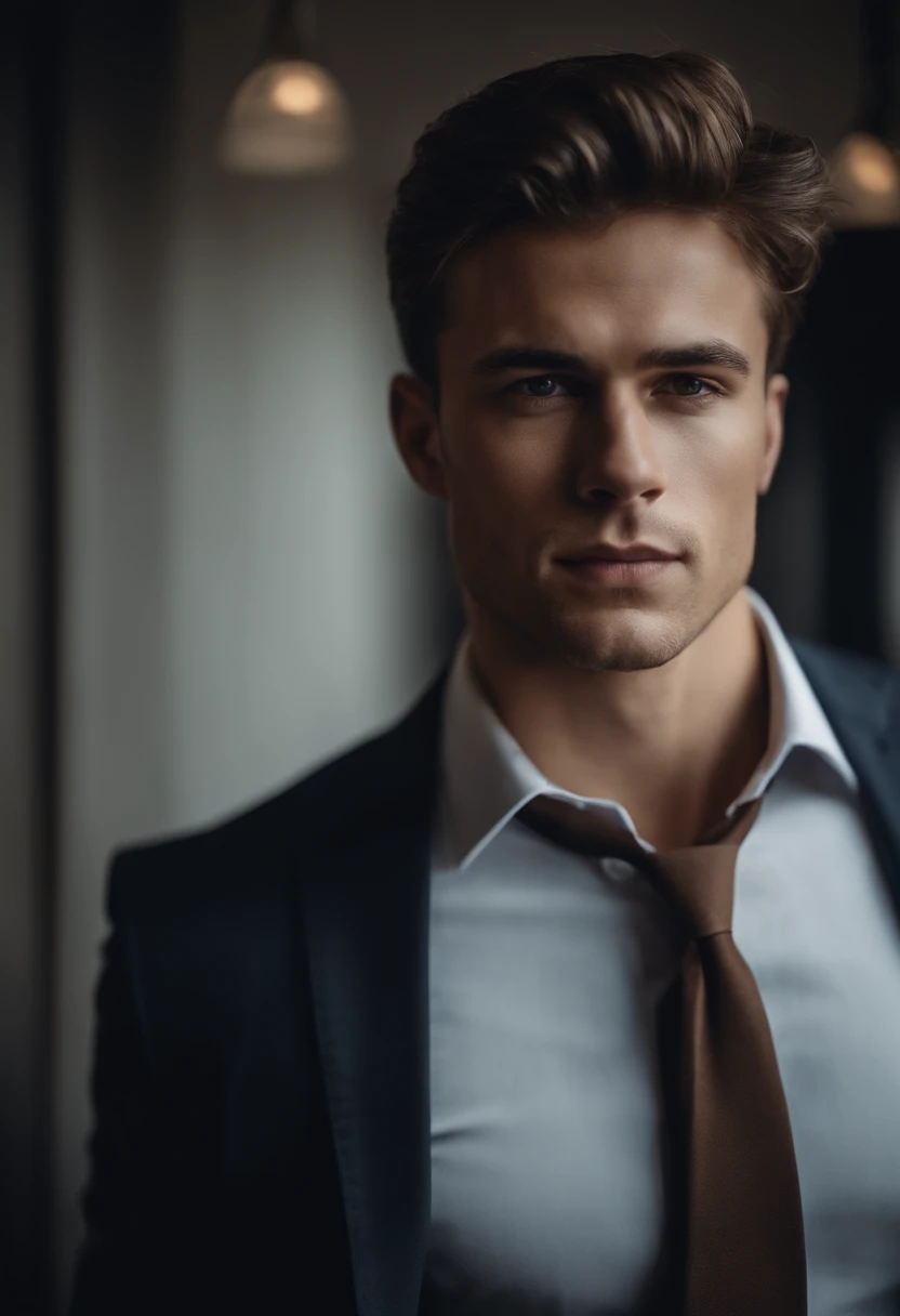 Portrait of a young man with a bit of muscle and brown hair, Dressed in a businessman style