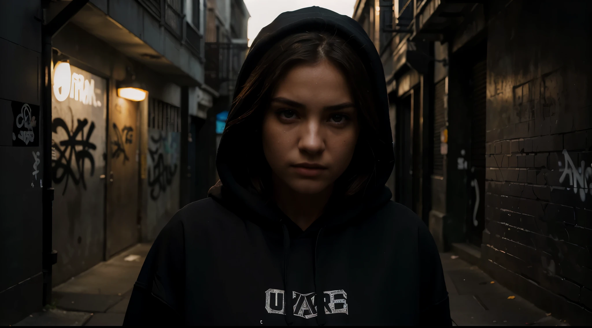 (best quality,highres,ultra-detailed,realistic),a girl in a black hoodie,standing in a dark alley,emphasizing the beautiful detailed eyes and face,vivid colors, moody lighting,sharp focus,dramatic shadows,breathtaking graffiti art,urban atmosphere,street fashion.