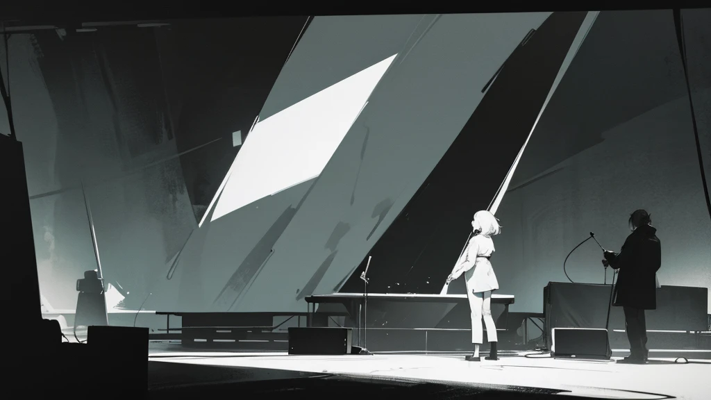 A monochrome print-style abstract painting of two people standing and talking on stage.