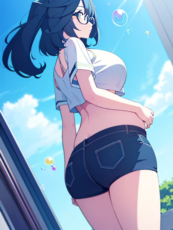 (Very high quality, detailed, masterpiece, from behind) An image of a full body pregnant girl with a round belly, long hair, very big breasts and a bubble butt. She's standing barefoot with her hands on her belly and leaning back. She's wearing a crop top, very thight shorts and glasses.