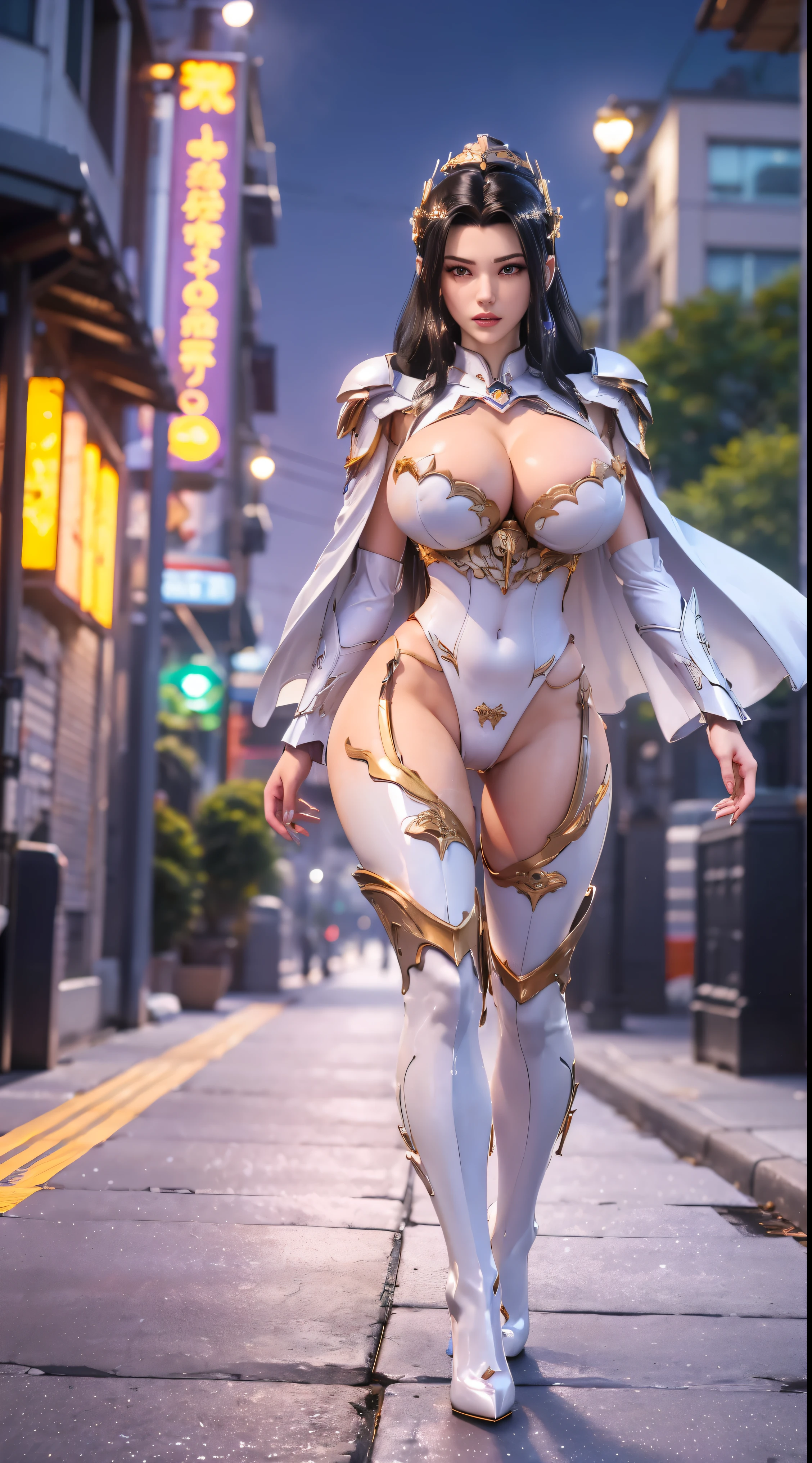 1GIRL, SOLO, (shiny black hair, gold ornament hair), (HUGE FAKE :1.3), (GUARD ARM, GLOVE), IMMORTAL, (white, purple, gold, FUTURISTIC DRAGON MECHA ARMOR SUIT, ROYAL CAPE, CLEAVAGE, SKINTIGHT YOGA HOTPANTS, HIGH HEELS:1.2), (NSFW BUSTY BODY, LINE ABS, SEXY LONG LEGS, FULL BODY:1.3), (FROM FRONT, LOOKING AT VIEWER:1), (WALKING DOWN ON STREET NIGHT CITY:1.3), PHYSICALLY-BASED RENDERING, ULTRA HIGHT DEFINITION, 8K, 1080P.