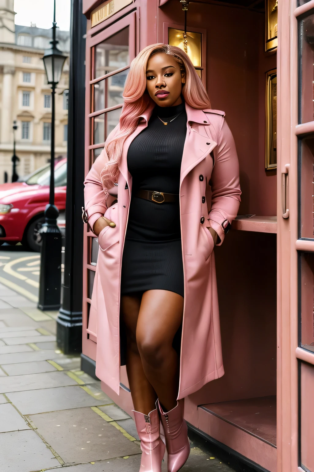 ((best quality)), ((masterpiece)), (detailed), perfect face, black woman with long blonde and pink hair, curvy and fit physique, pink lipstick, wearing a long, pink trenchcoat and tan brown boots, brown dress, standing and posing in a london phone booth
