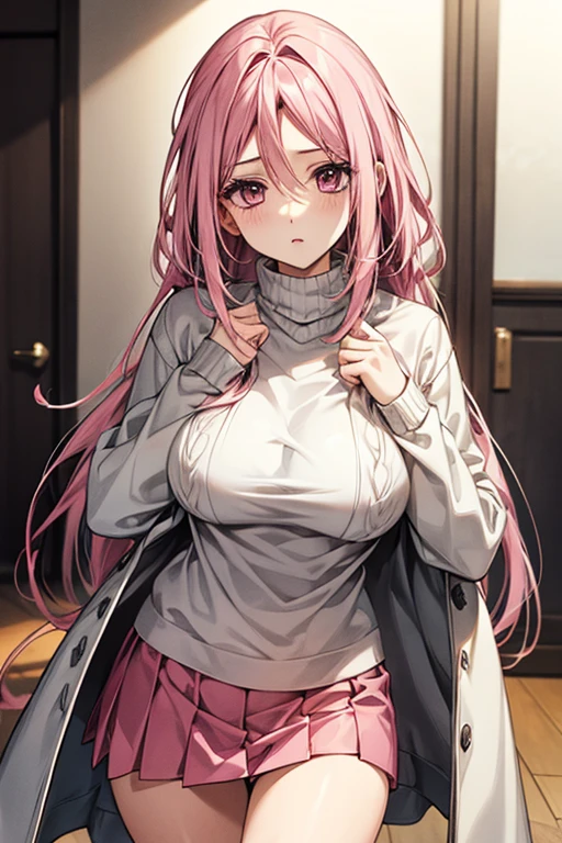 pink hair、pink eyes、big breasts、No underwear、mini skirt、V-neck knit sweater、date、P coat