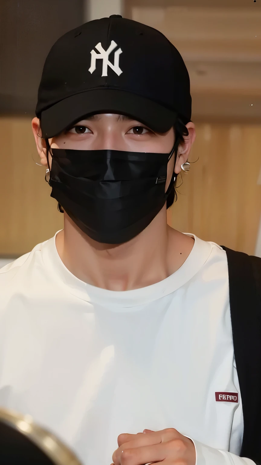 Guy, Korean, cute wearing a white mask on his face (only the face and part of the shoulders)