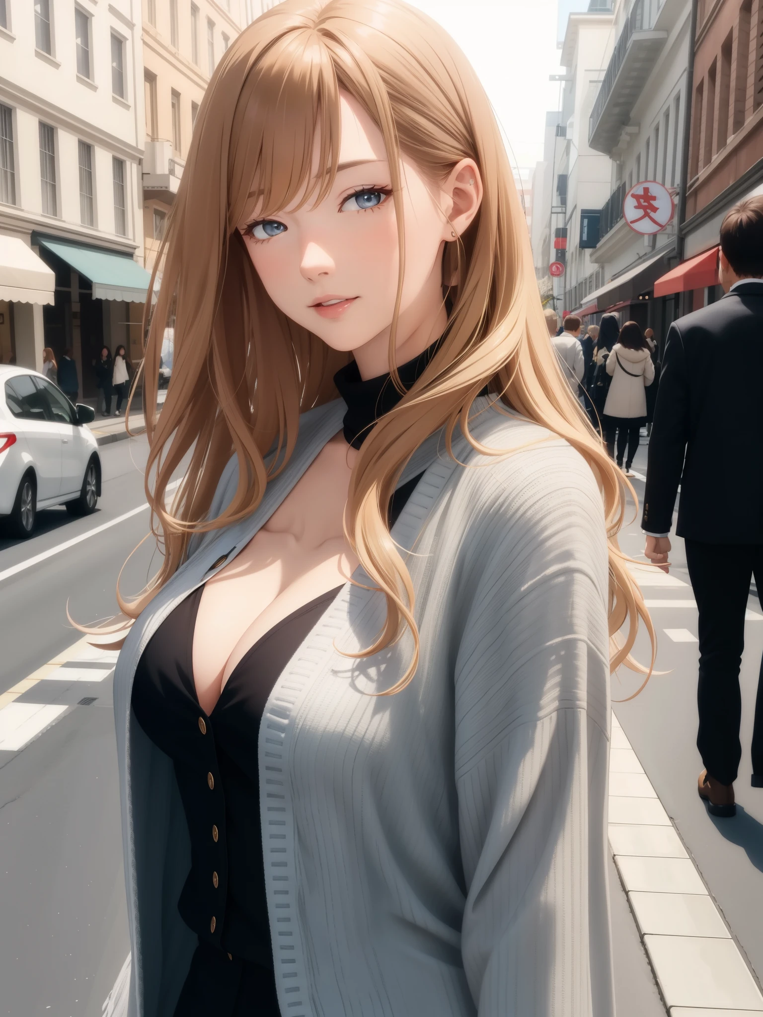 (best quality, highres, ultra-detailed eyes, solo), cool adult woman, onee-san type, elegant, confident, long hair, swept-side bang, [[[brown hair]]], blonde hair, brown eyes, street scene, walking, holding hand, stylish clothes, cleavage, ultra-detailed, deep focus, side view, upper body, vibrant colors